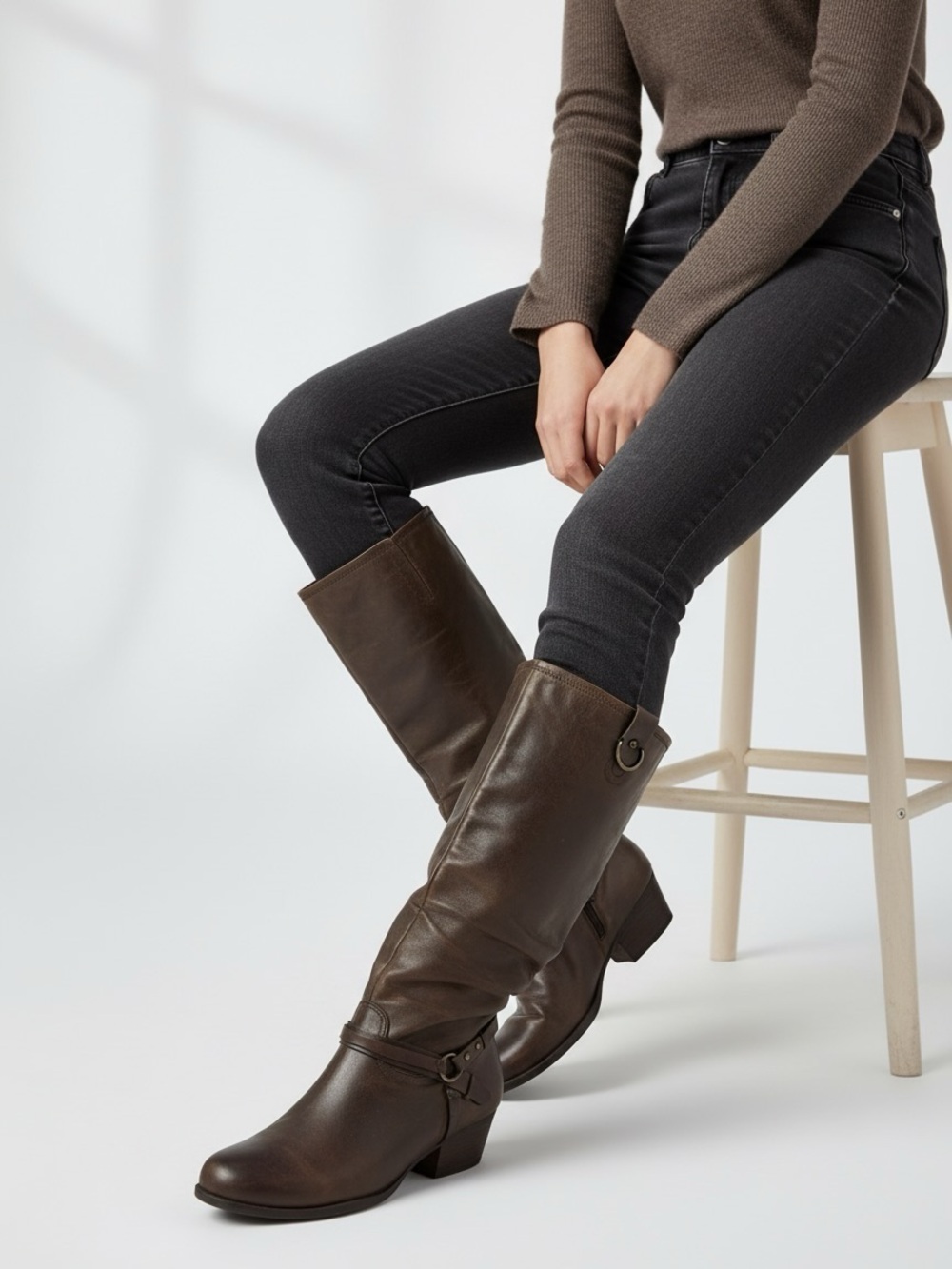 Baretraps Brown Leather Knee-High Boots with Decorative Strap